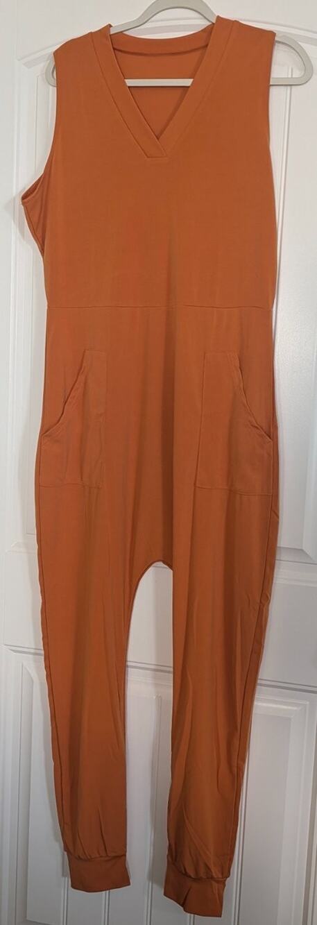 Harem Jumpsuit Womens Medium Rust Orange Sleeveless Drop Crotch Romper Pockets M